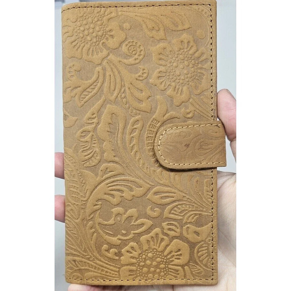 Tooled Embossed Soft Leather Wallet Credit Card BiFold Checkbook Tan RFID Floral
